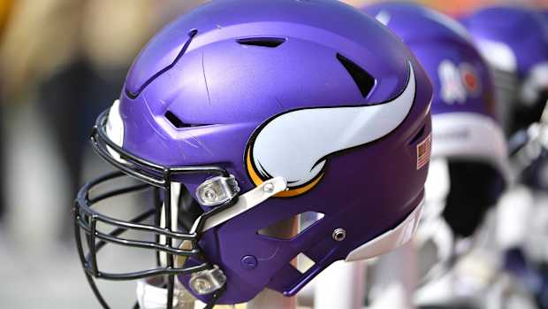 Nov 3, 2019; Kansas City, MO, USA; A general view of a Minnesota Vikings helmet during the game against the Kansas City Chiefs at Arrowhead Stadium.